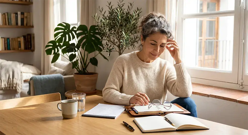 Mujer planificando una rutina de bienestar realista con suplementos Helix